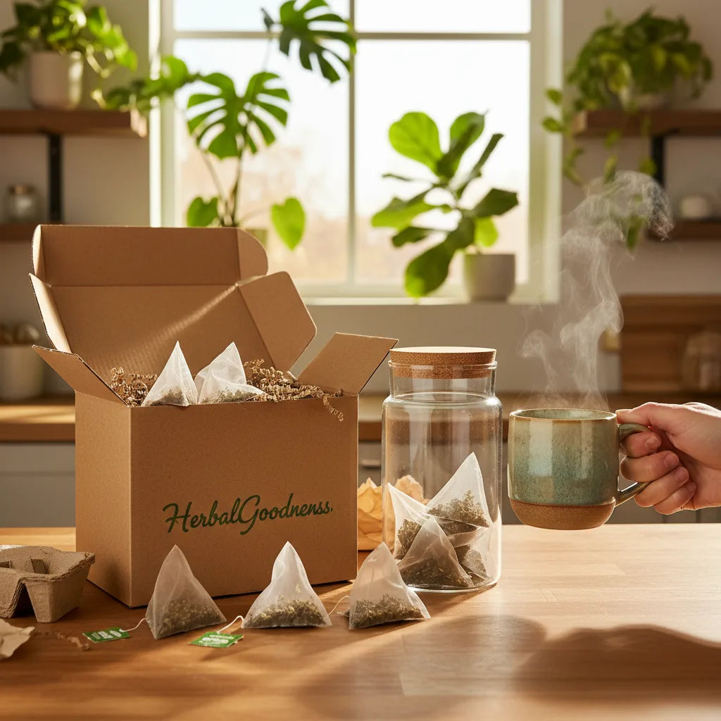 Eco-friendly gymnema tea unboxing in kitchen