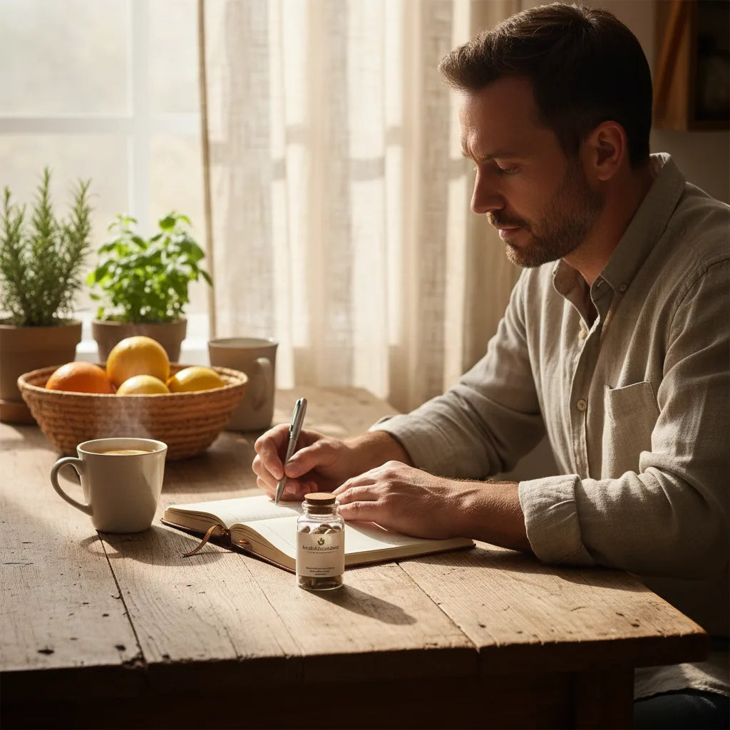 Man journaling beside HerbalGoodness ashwagandha