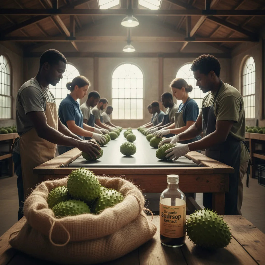 Workers inspecting fresh soursop and extract bottle