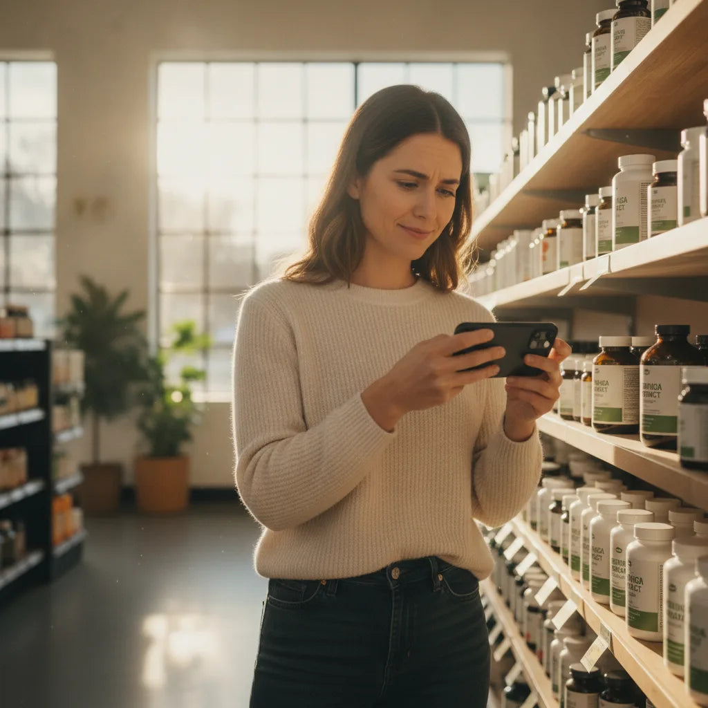 Woman scanning moringa extract bottle in store