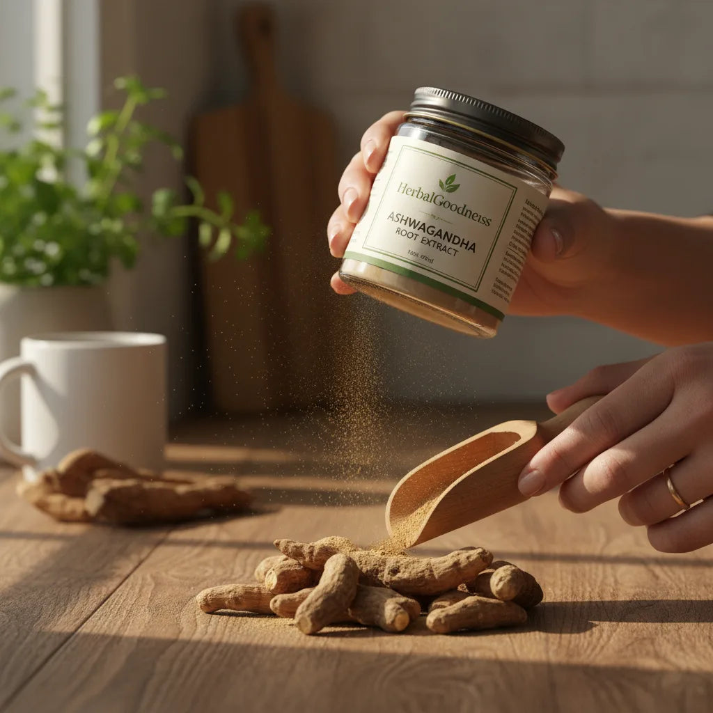 Examining ashwagandha extract label in kitchen