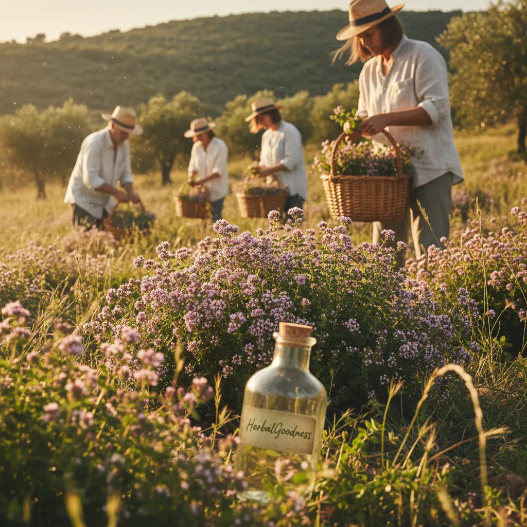 Harvesters gathering oregano in sunny fields