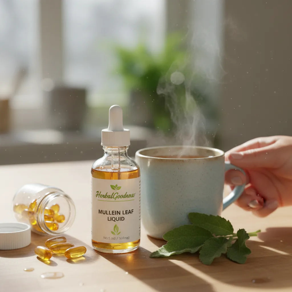 Mullein liquid, capsules, and tea morning ritual