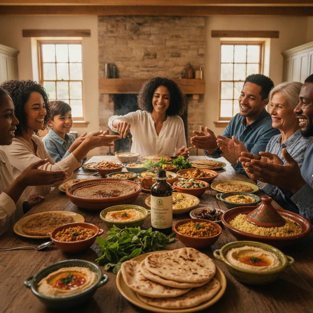 Multicultural family sharing table with black seed oil