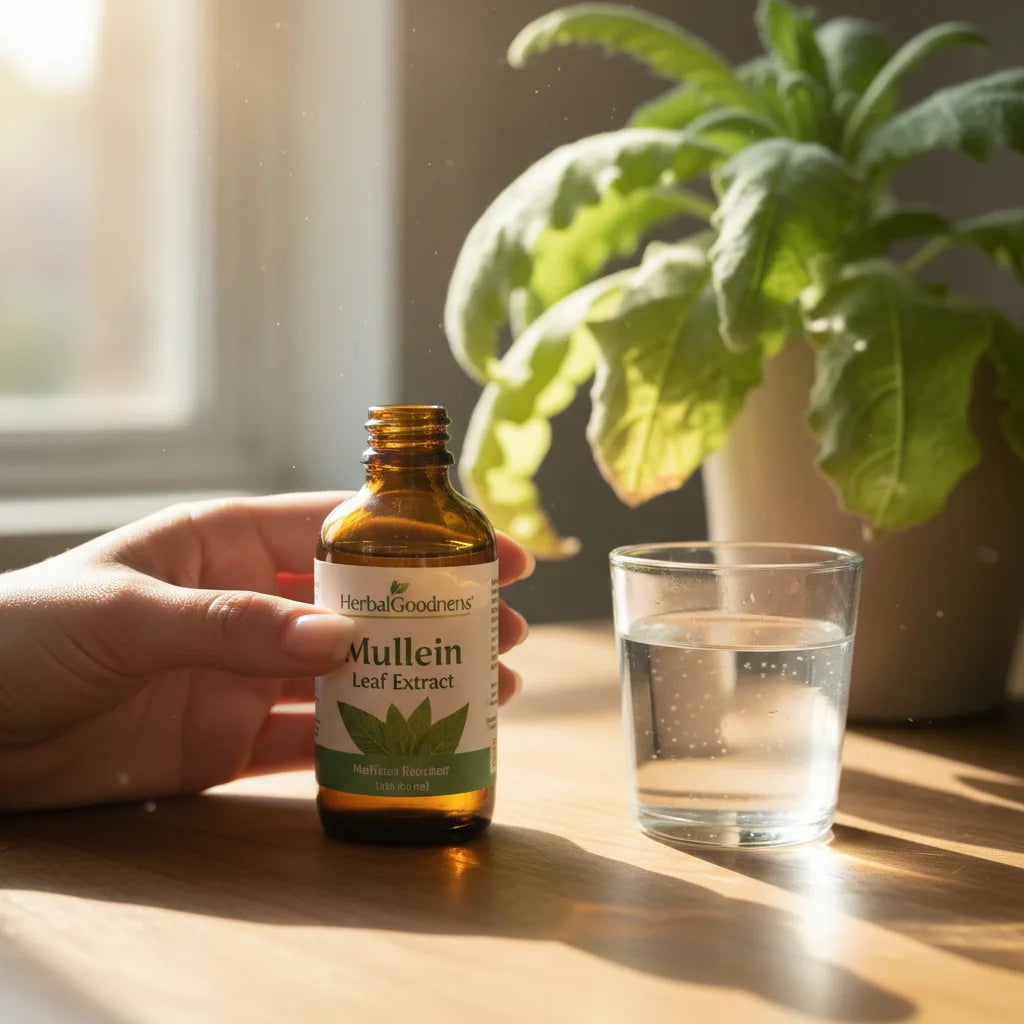 Person examining mullein extract in sunlight