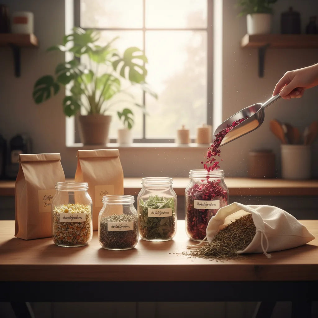 Sunlit countertop with bulk herbal teas