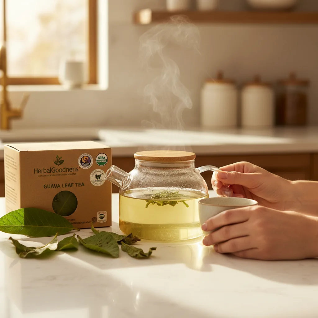 Guava tea and labeled package on countertop