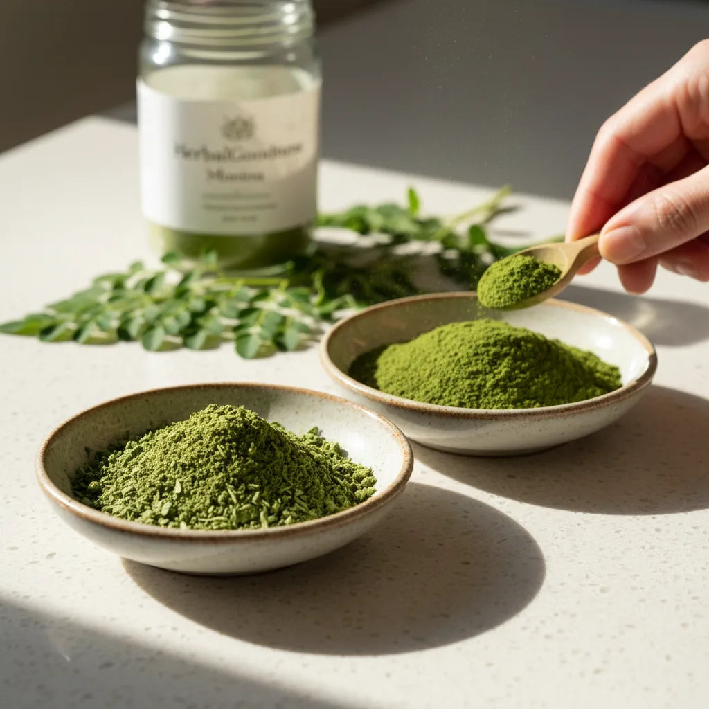 Three moringa grind types on kitchen counter