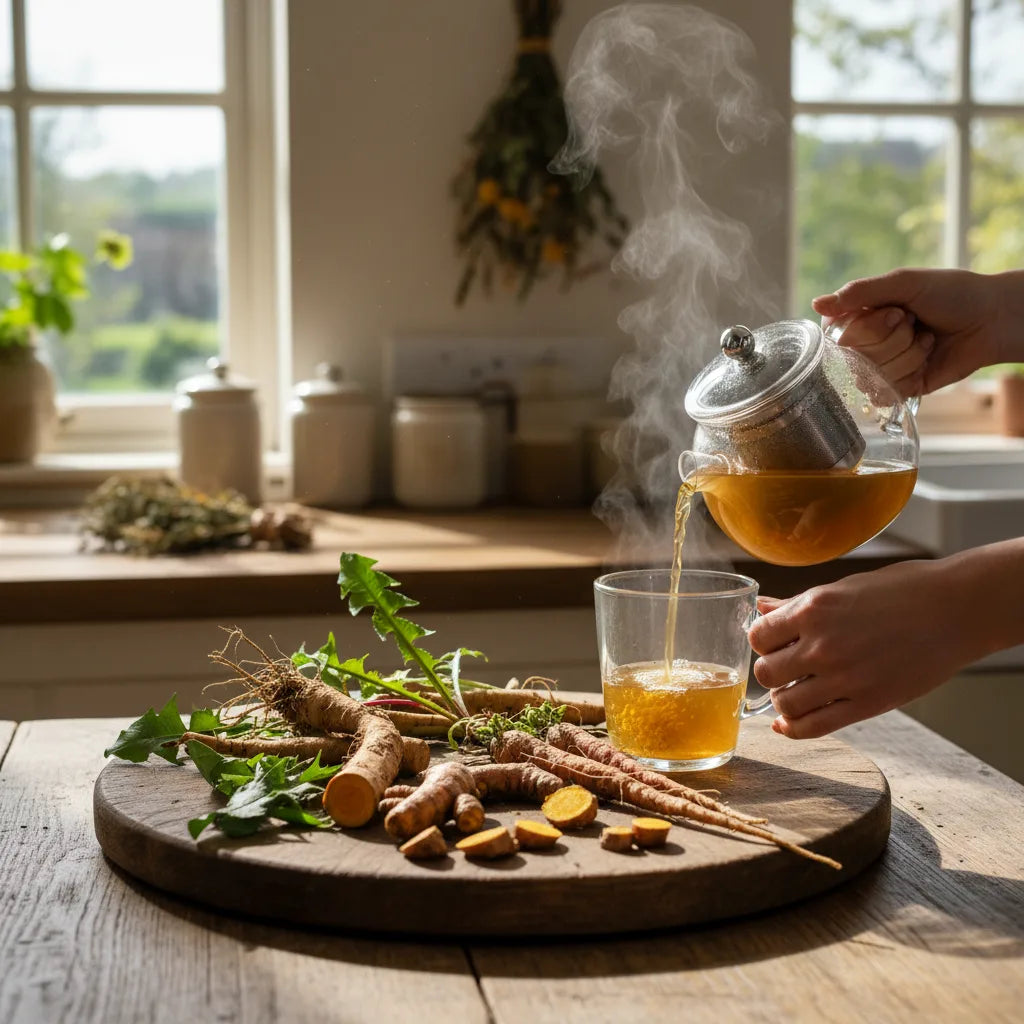 Pouring herbal infusion over fresh roots
