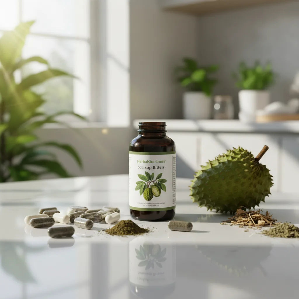 Soursop bitters capsules with fresh herbs displayed