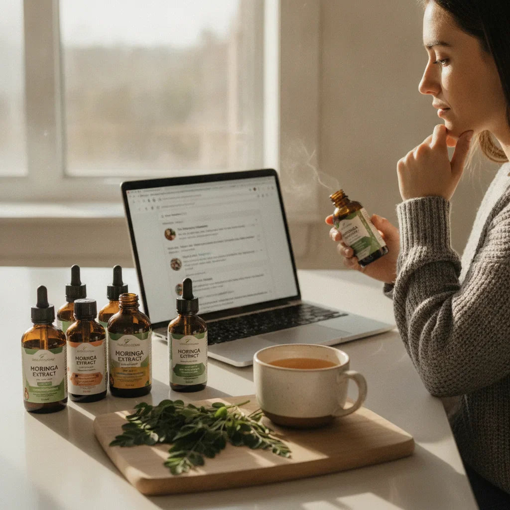 Person comparing moringa extracts and search results