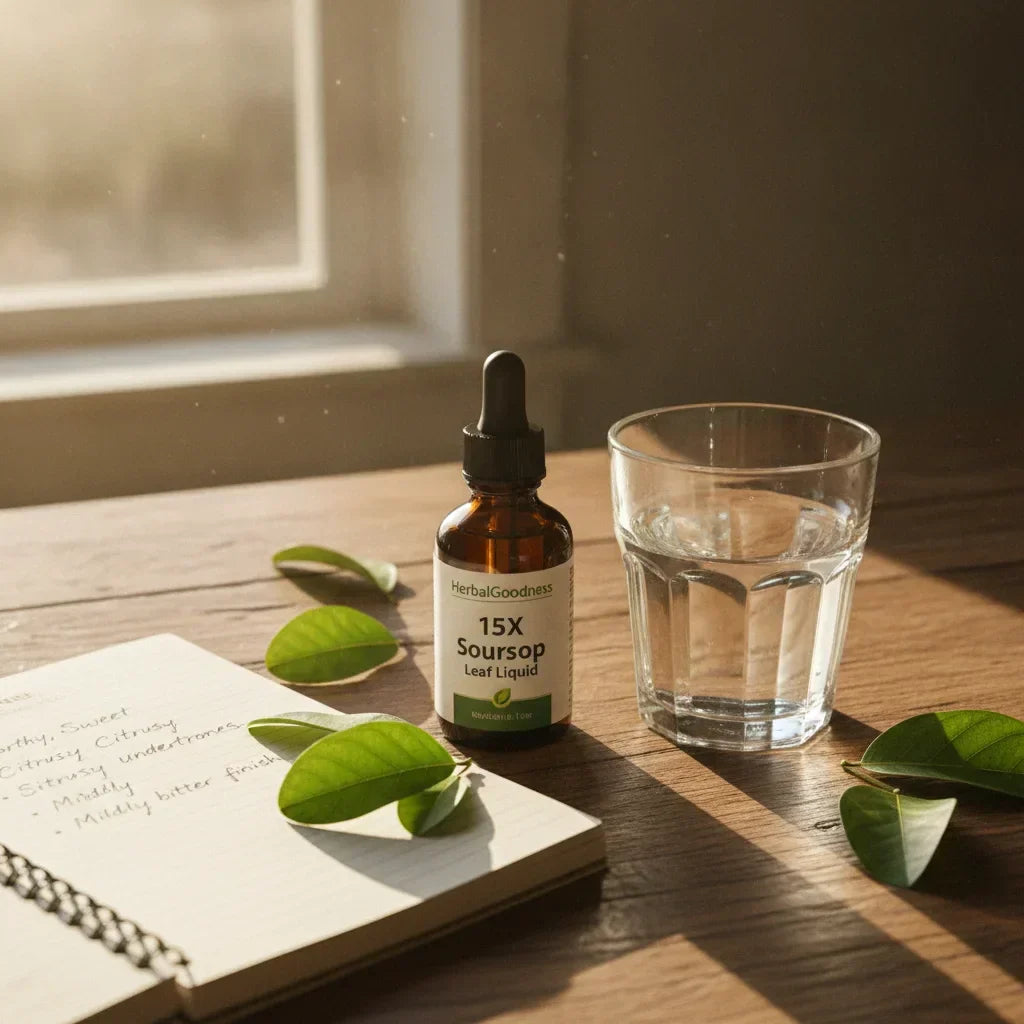 Soursop leaf liquid, journal, water on table