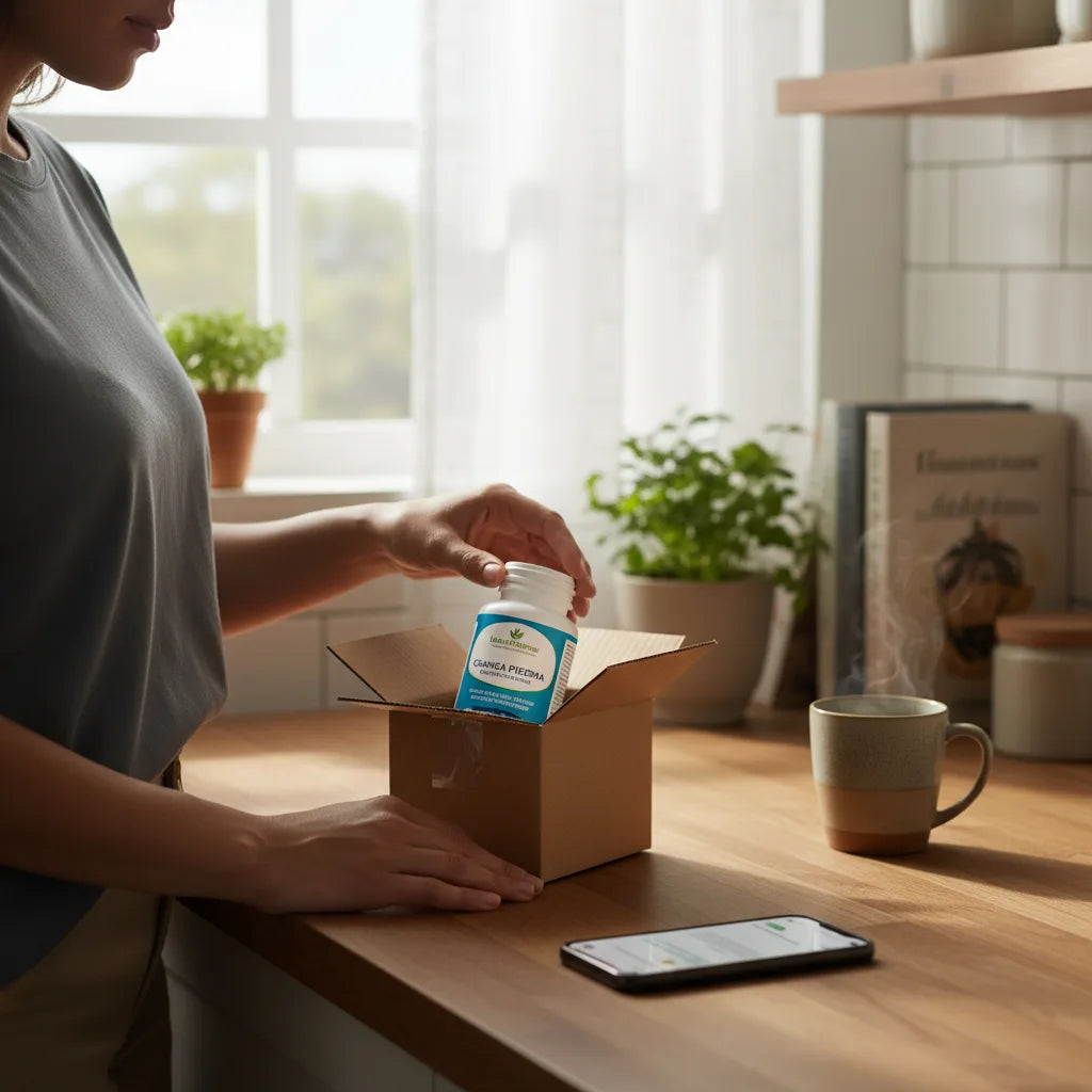 Opening discreet HerbalGoodness package in kitchen