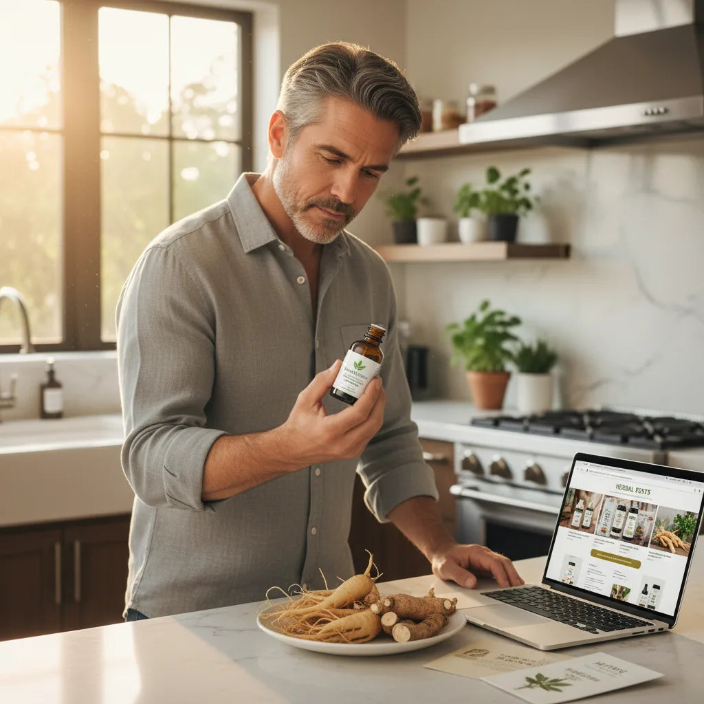 Man examines liquid extract bottle in kitchen