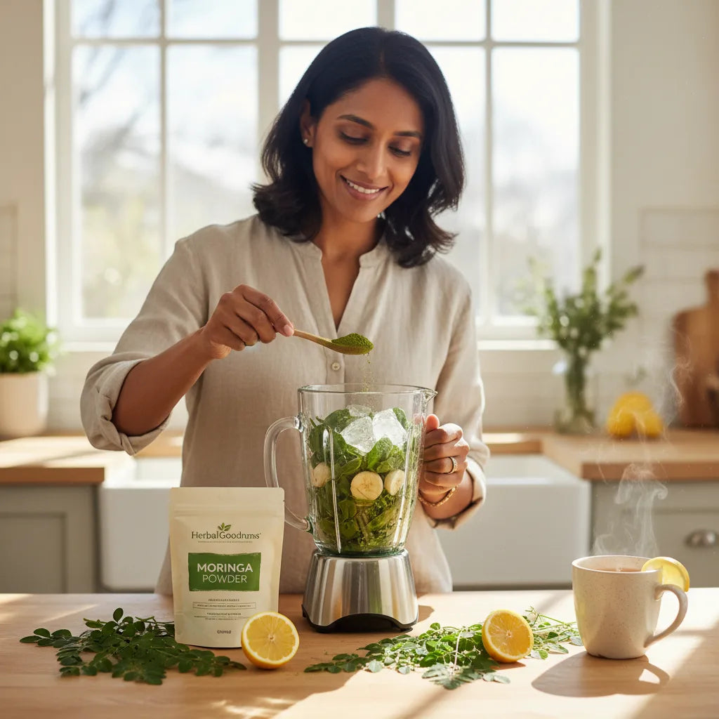 Making moringa smoothie in bright kitchen