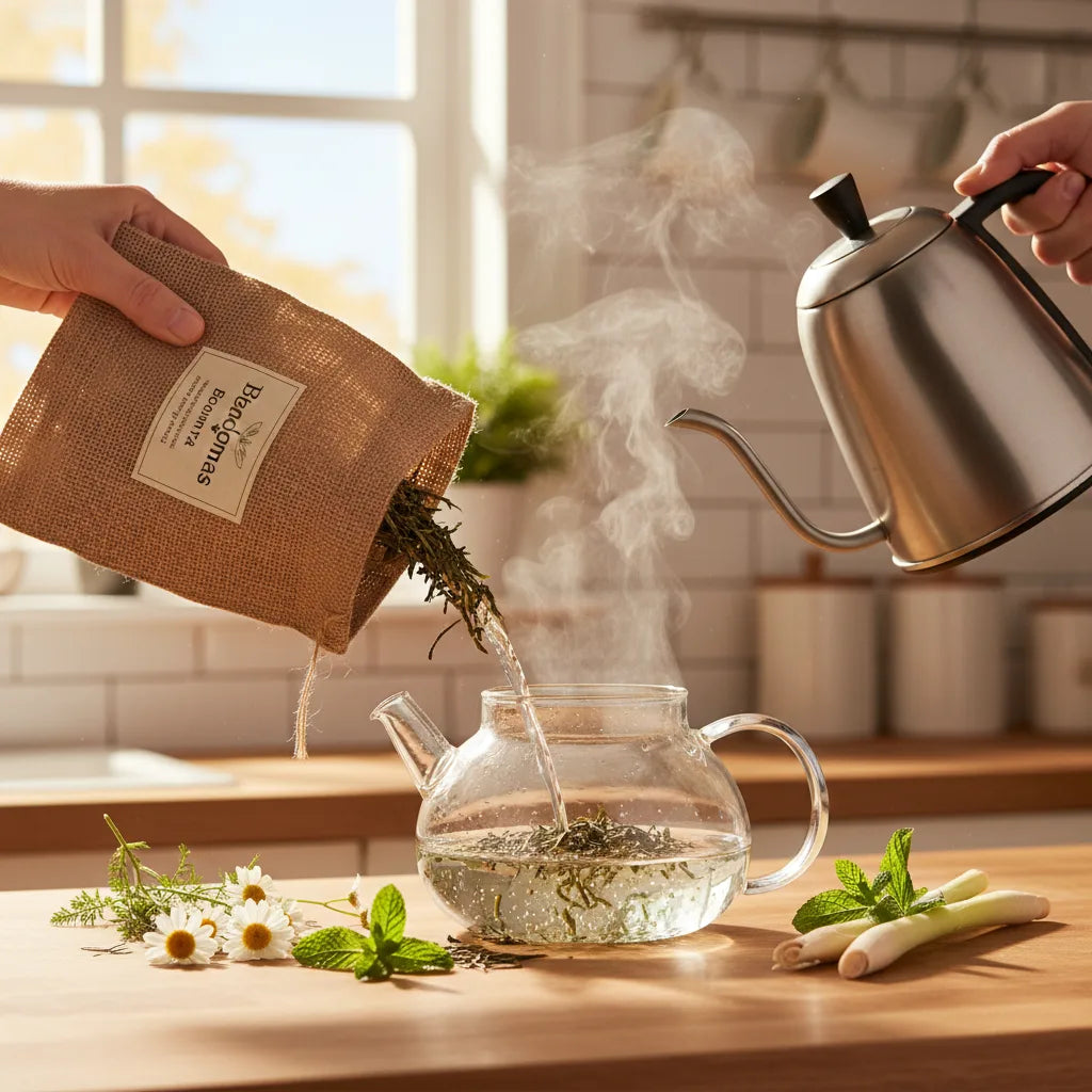 Pouring bamboo tea with fresh herbs