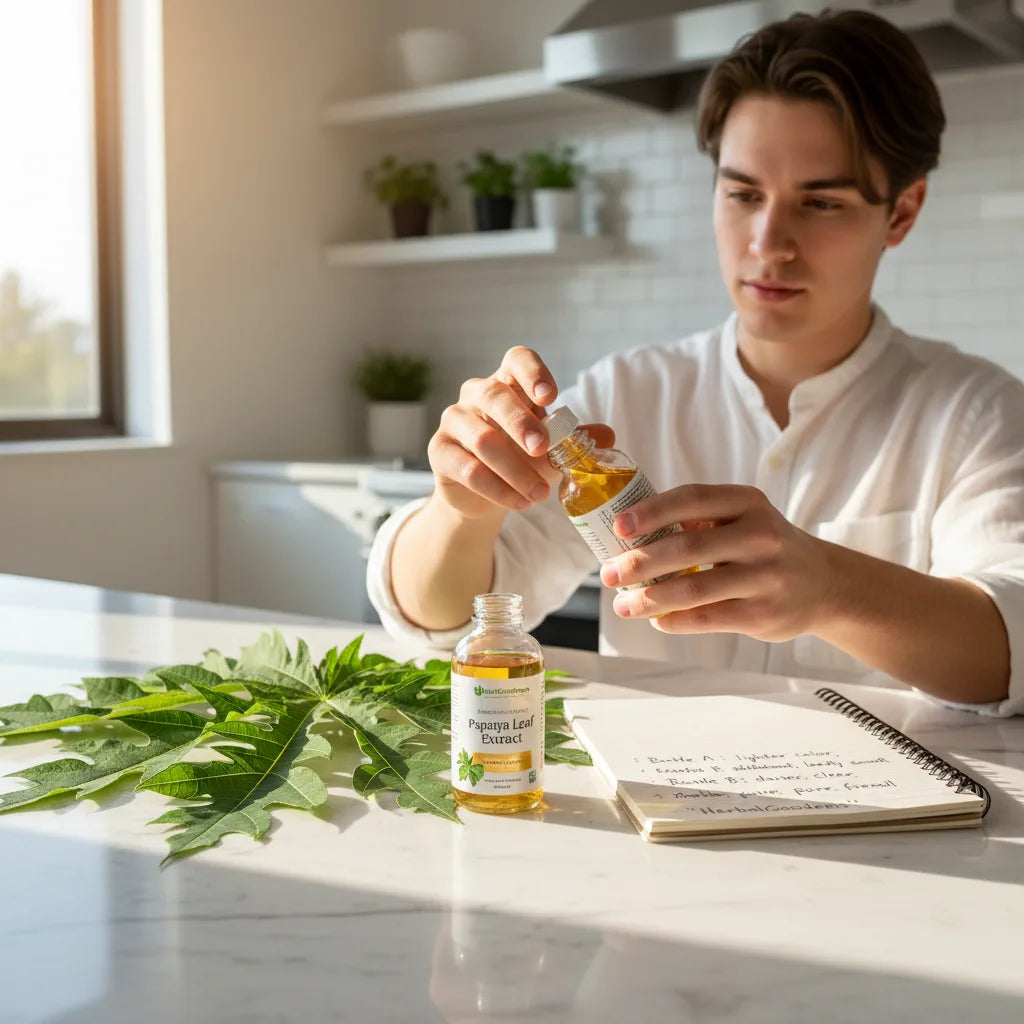 Comparing papaya leaf extracts on kitchen counter