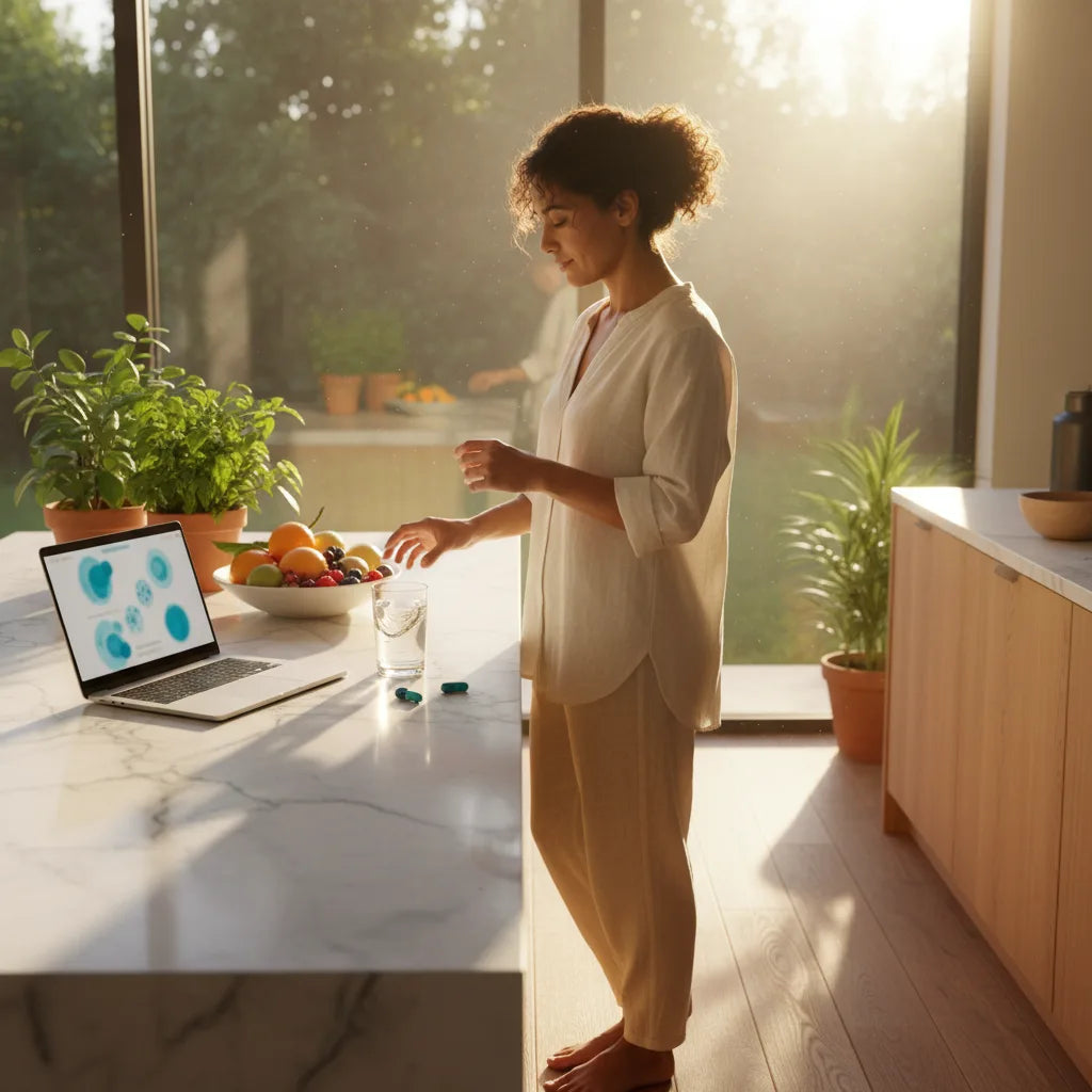 Woman researching platelets at kitchen counter