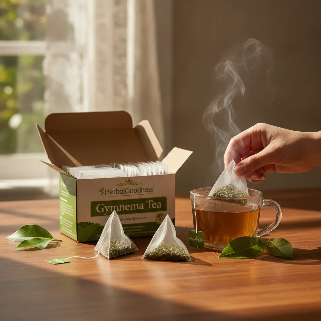 Inspecting gymnema tea bags in sunlight