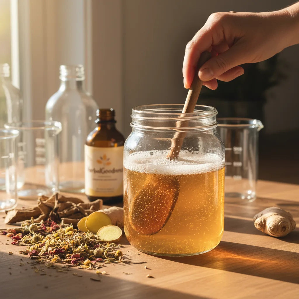 Fermenting ashwagandha drink in home kitchen