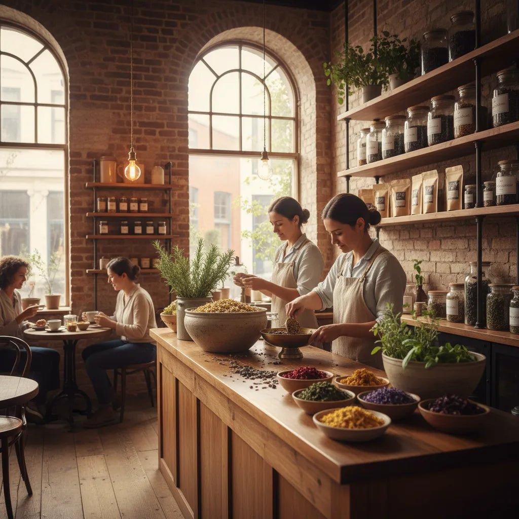Tea blenders preparing herbal bases in café