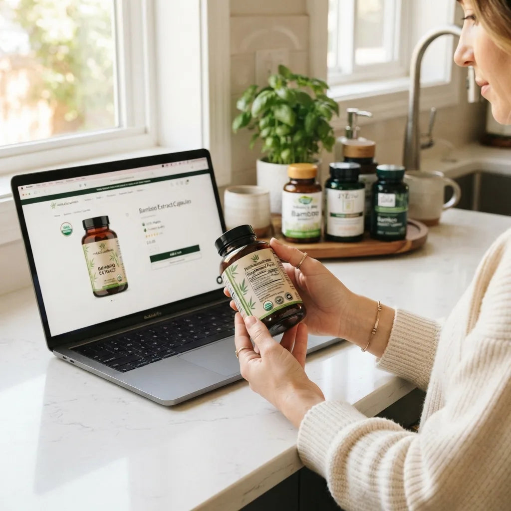Hands reviewing bamboo extract bottle and laptop