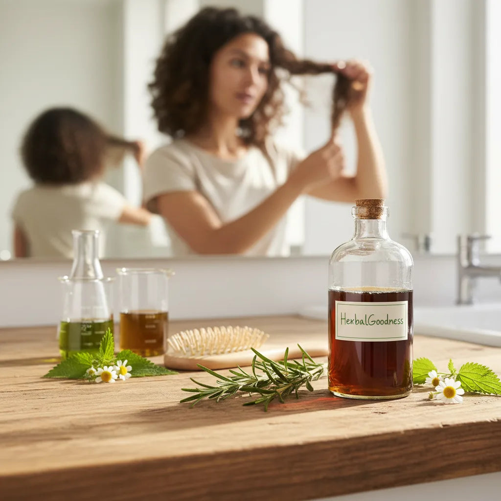 Woman sampling herbal tonic at home