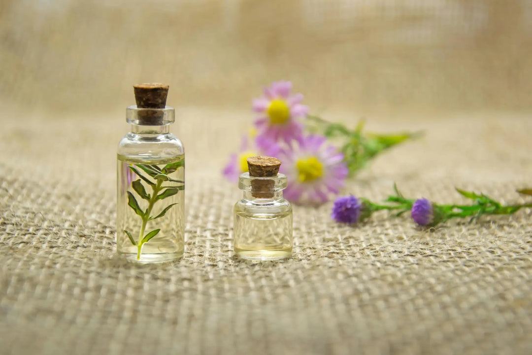 Glass bottle with cork containing a plant sprig for incorporating essential oils naturally.