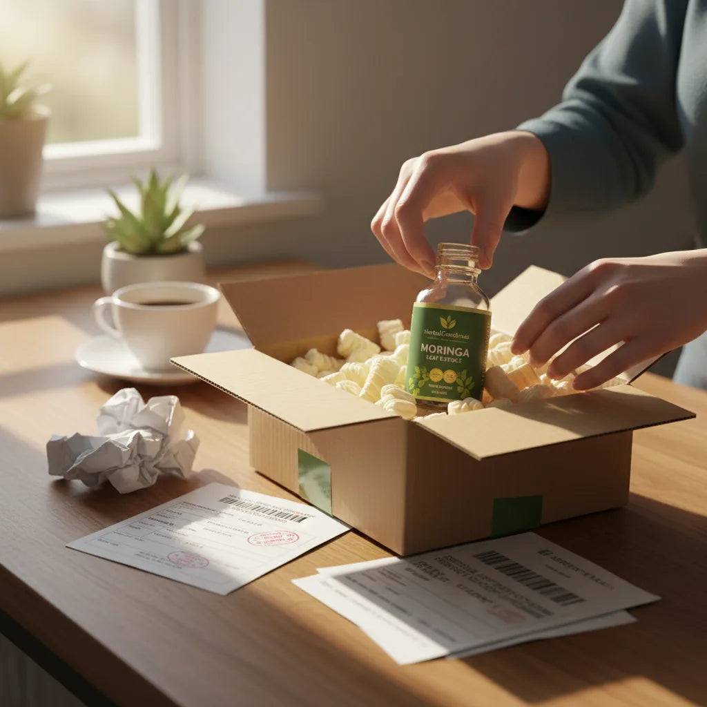 Unpacking moringa extract from international parcel