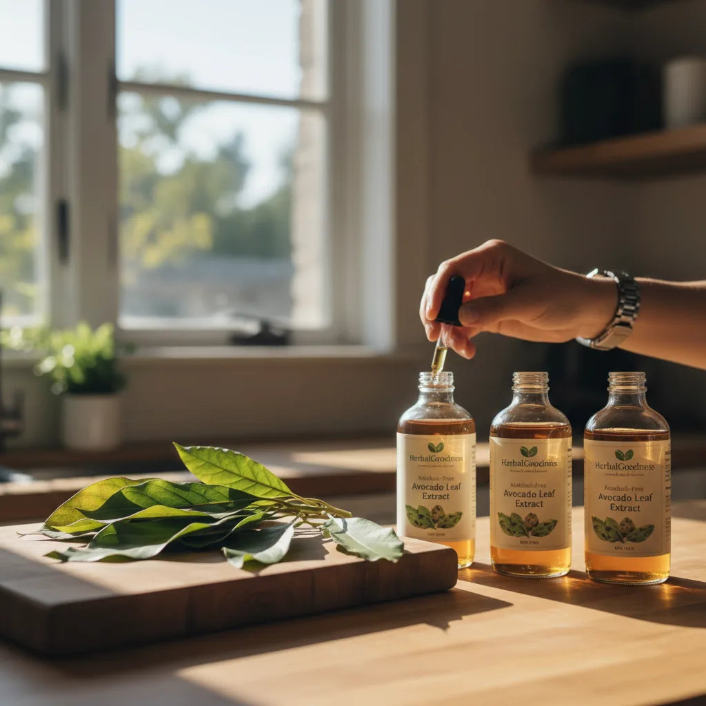 Drying avocado leaves and extract bottles