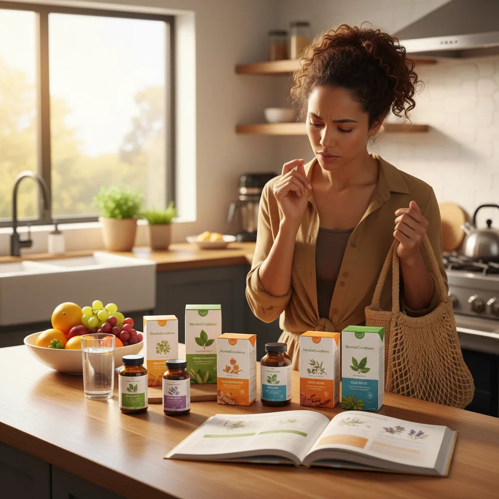 Choosing plant-based supplements at morning counter
