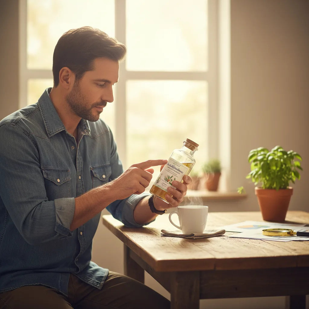 Man inspecting HerbalGoodness bottle in kitchen