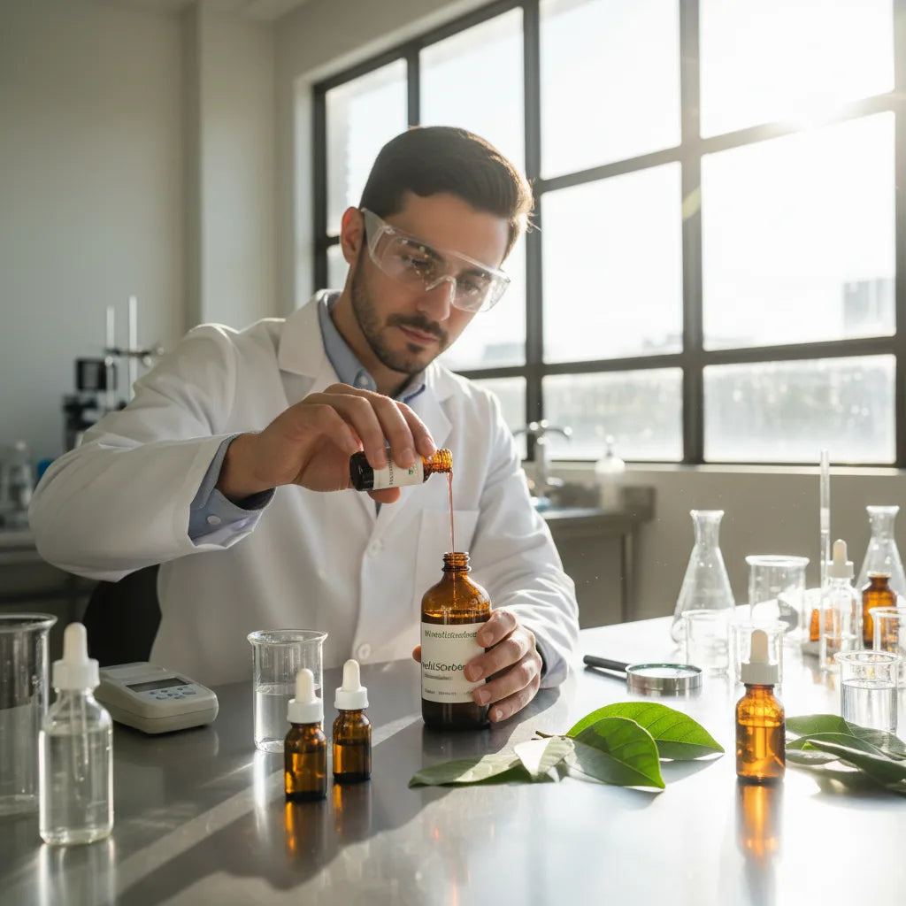 Botanist pouring graviola extract in lab.