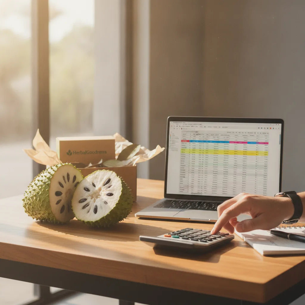 Soursop fruit, laptop, and calculator calculation