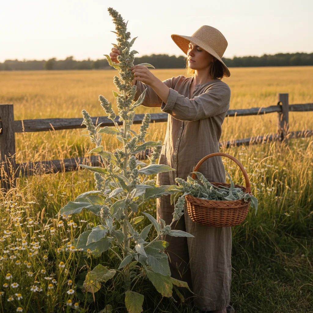 Harvesting mullein leaves in golden sunlight