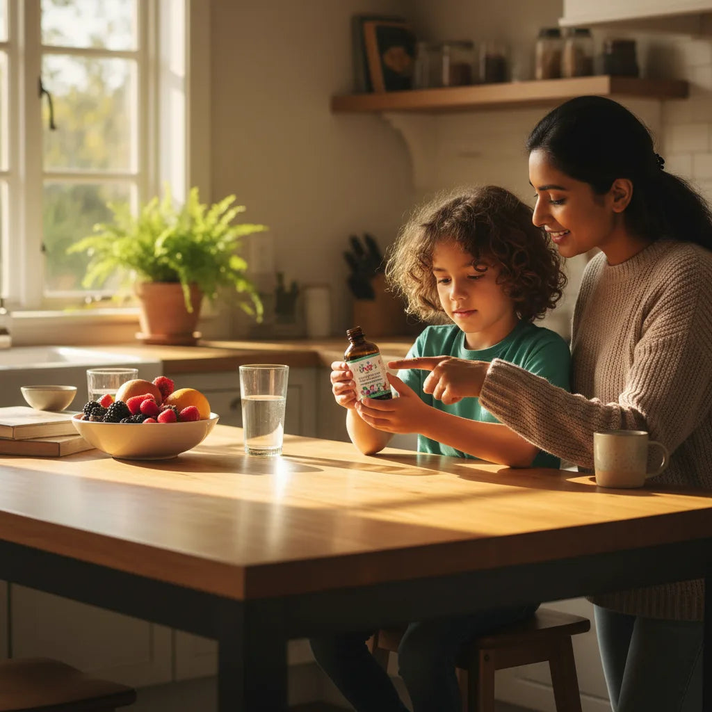 Parent and child examining herbal supplement bottle