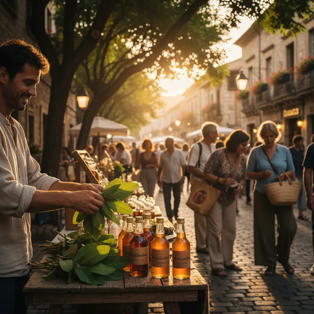Vendor displays guava leaf extract bottles outdoors