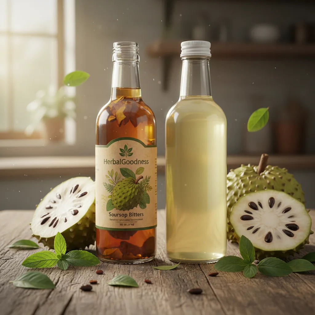 Artisan and mass-market bitters beside fresh soursop