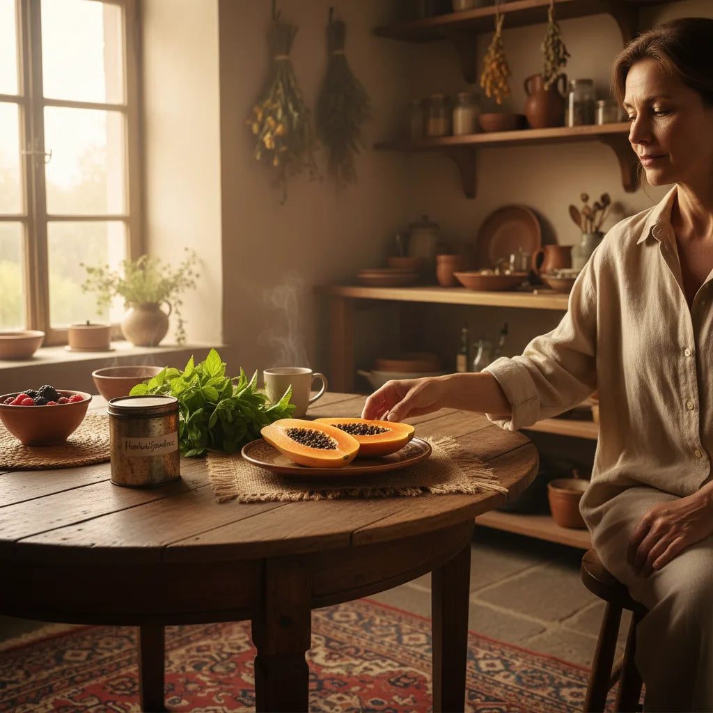 Woman preparing papaya with natural sunlight
