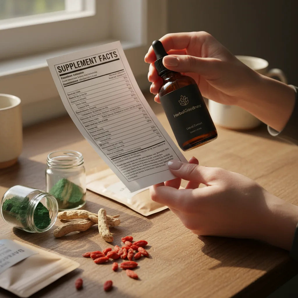 Hands hold adaptogen bottle near label sheet