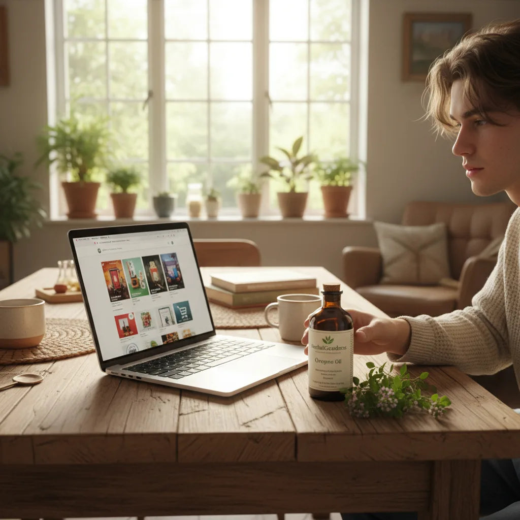 Person researching oregano oil purchase online