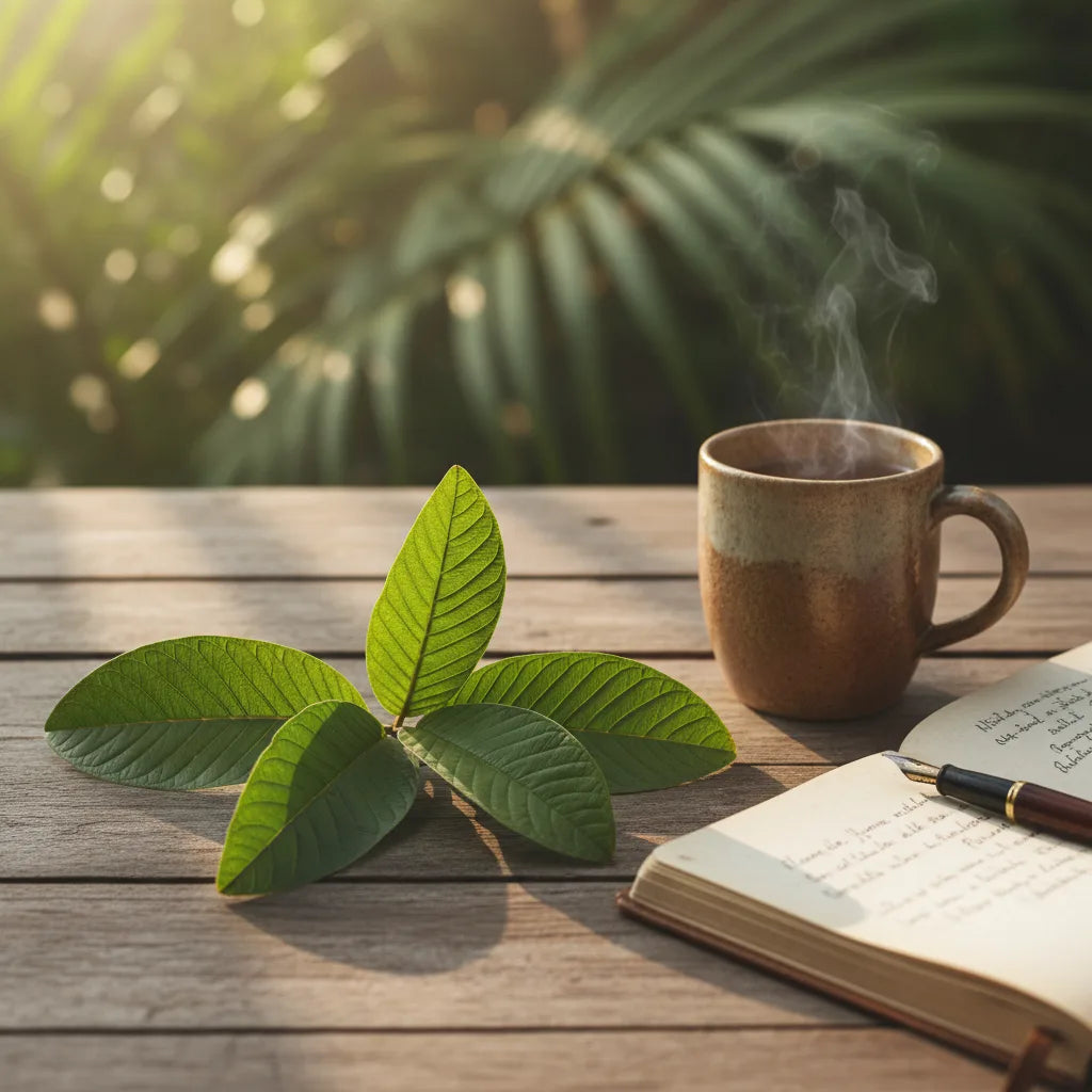 Guava leaves and tea on wooden table