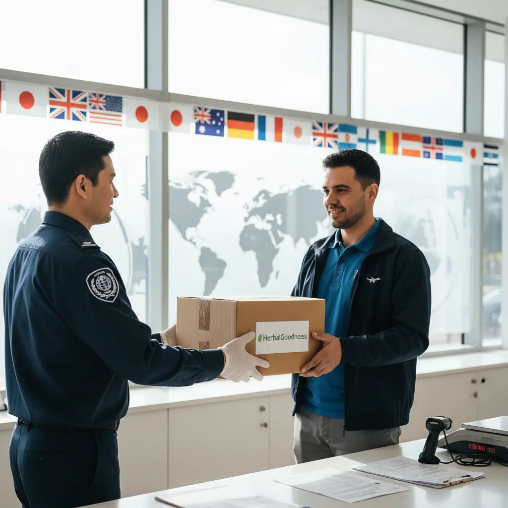 Courier gives HerbalGoodness package to customs officer