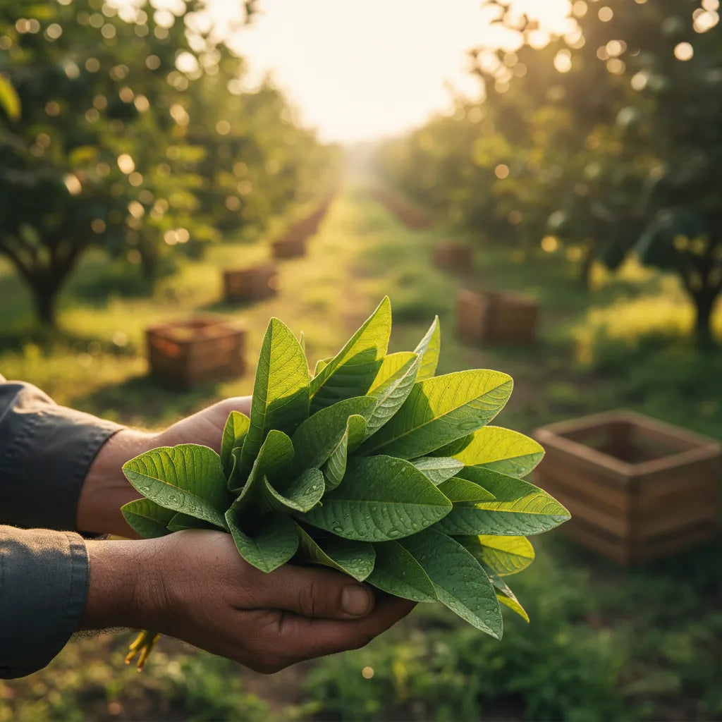 Fresh guava leaves held during harvest