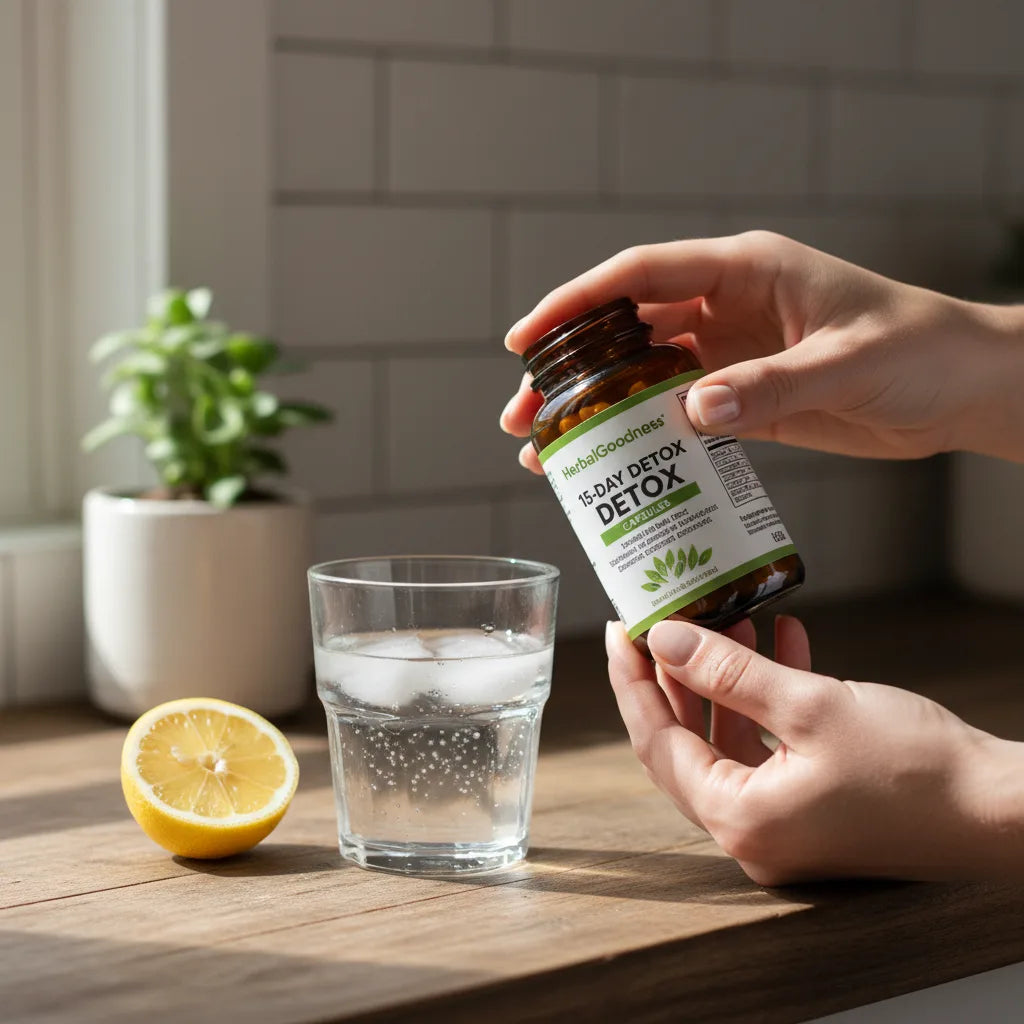 Hands examining HerbalGoodness detox capsule bottle