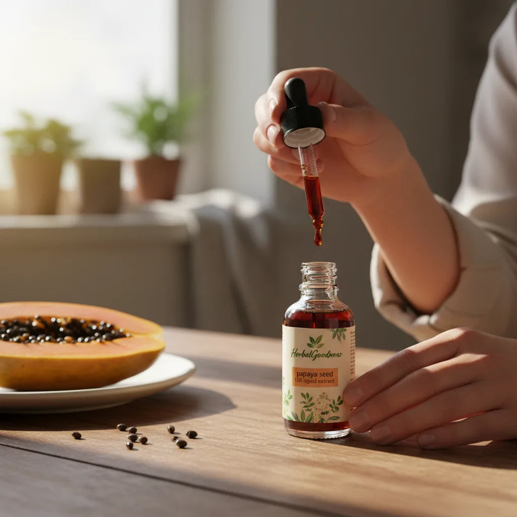 Papaya extract dropper in natural kitchen light