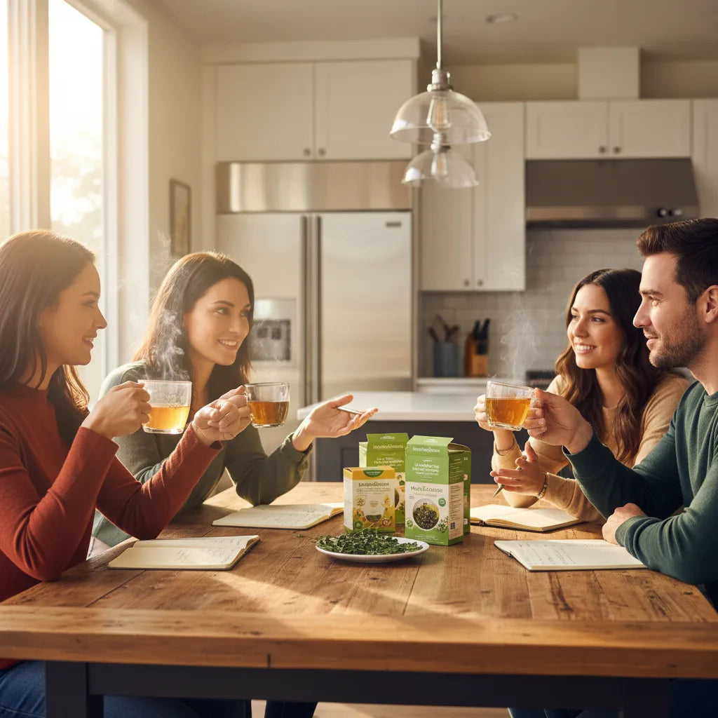 Friends enjoying various moringa teas together