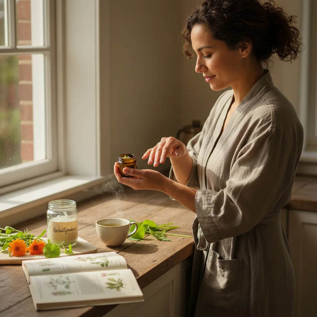 Woman applying herbal balm in morning light