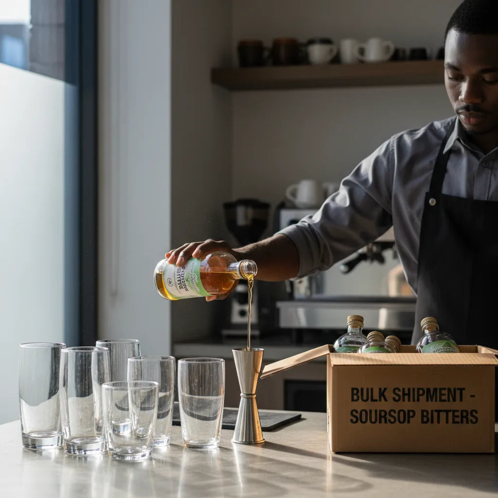Bulk soursop bitters portioned in café setting