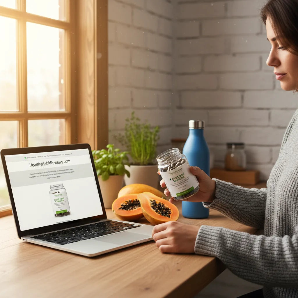 Person reviewing papaya capsules in kitchen